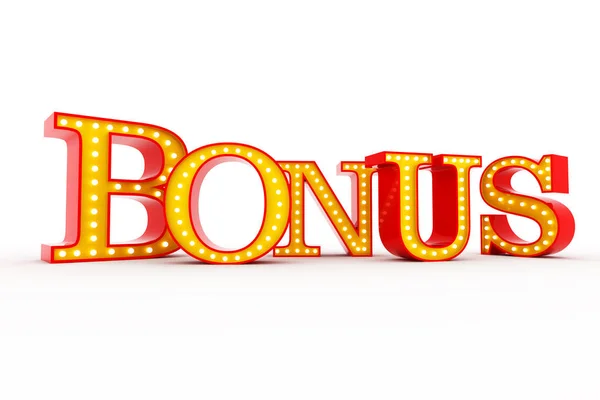 Beyaz arka plan üzerinde kelime Bonus Broadway tarzı ampul alfabe 3d render 