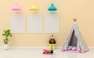 Çocuk odasının iç dekorasyonu, çocuk odasının duvarları resim çerçeveli, 3D resimli..
