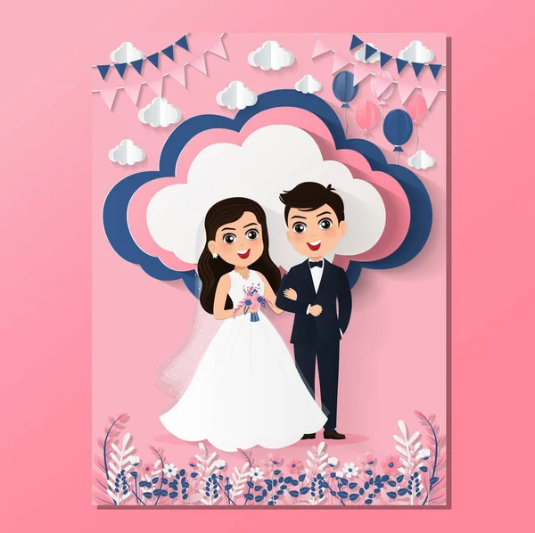 Hochzeitseinladungskarte Der Braut Und Bräutigam Nettes Paar Cartoon Charakteristik Bunte — Stockvektor