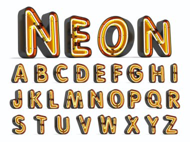 Beyaz arkaplanda alfabe neon ışığı 3d görüntüleme.