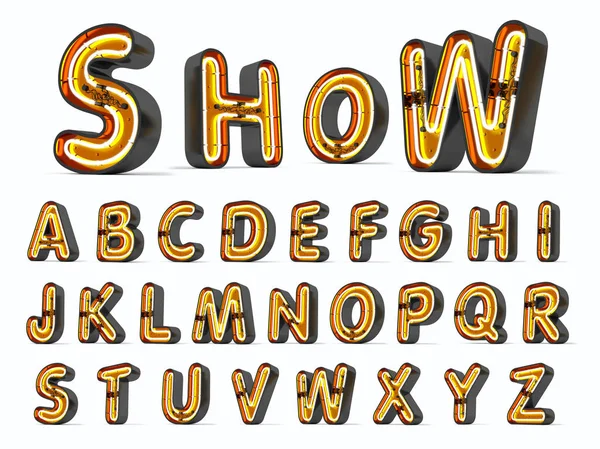 Beyaz arkaplanda alfabe neon ışığı 3d görüntüleme.