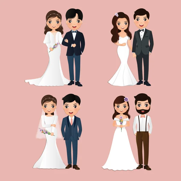 Set Von Charakteren Niedliche Braut Und Bräutigam Hochzeitseinladungen Card Vector — Stockvektor