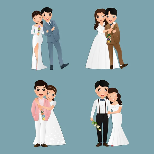 Set Characters Cute Bride Groom Wedding Invitations Card Vector Illustration — Stock Vector