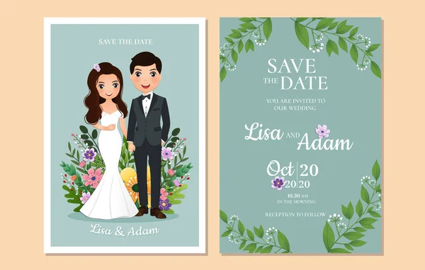 Wedding Invitation Card Bride Groom Cute Couple Cartoon Character Colorful — Stock Vector