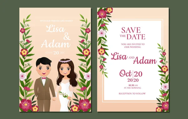 Κάρτα Πρόσκλησης Γάμου Νύφη Και Γαμπρός Χαριτωμένο Ζευγάρι Καρτούν Χαρακτήρα — Διανυσματικό Αρχείο