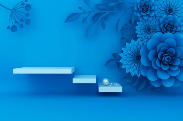 Kozmetik ürün sunumu için arka planı göster. Boş vitrin, 3D resim, çiçek kağıdı.