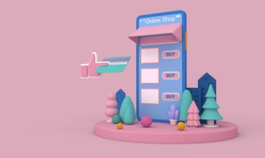 Çevrimiçi Alışveriş, Mobil Uygulama, 3D resimleme.