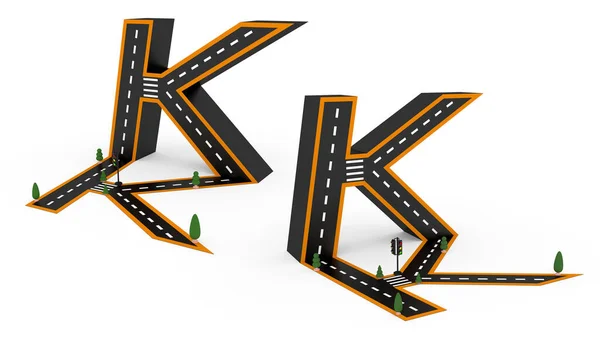道路の形で図のアルファベット記号 クリッピングパスと白の背景に白と黄色の線のマーキング 3Dレンダリングイラスト — ストック写真