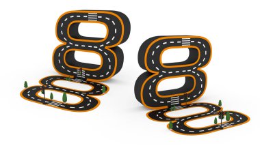 Beyaz arkaplan üzerinde beyaz ve sarı çizgi işaretleri bir yol biçimindeki sayı sembolleri 3D resimleme.