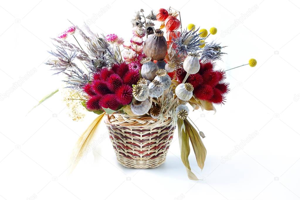 Dried flowers in a basket on white background