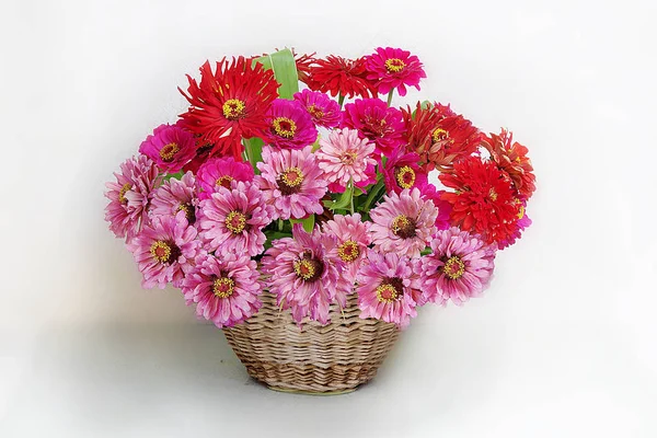 Ramo de flores rosadas en una canasta sobre un fondo blanco — Foto de Stock