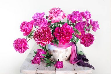 Sepette pembe peonies buket. Beyaz üzerine pembe peonies ile natürmort.