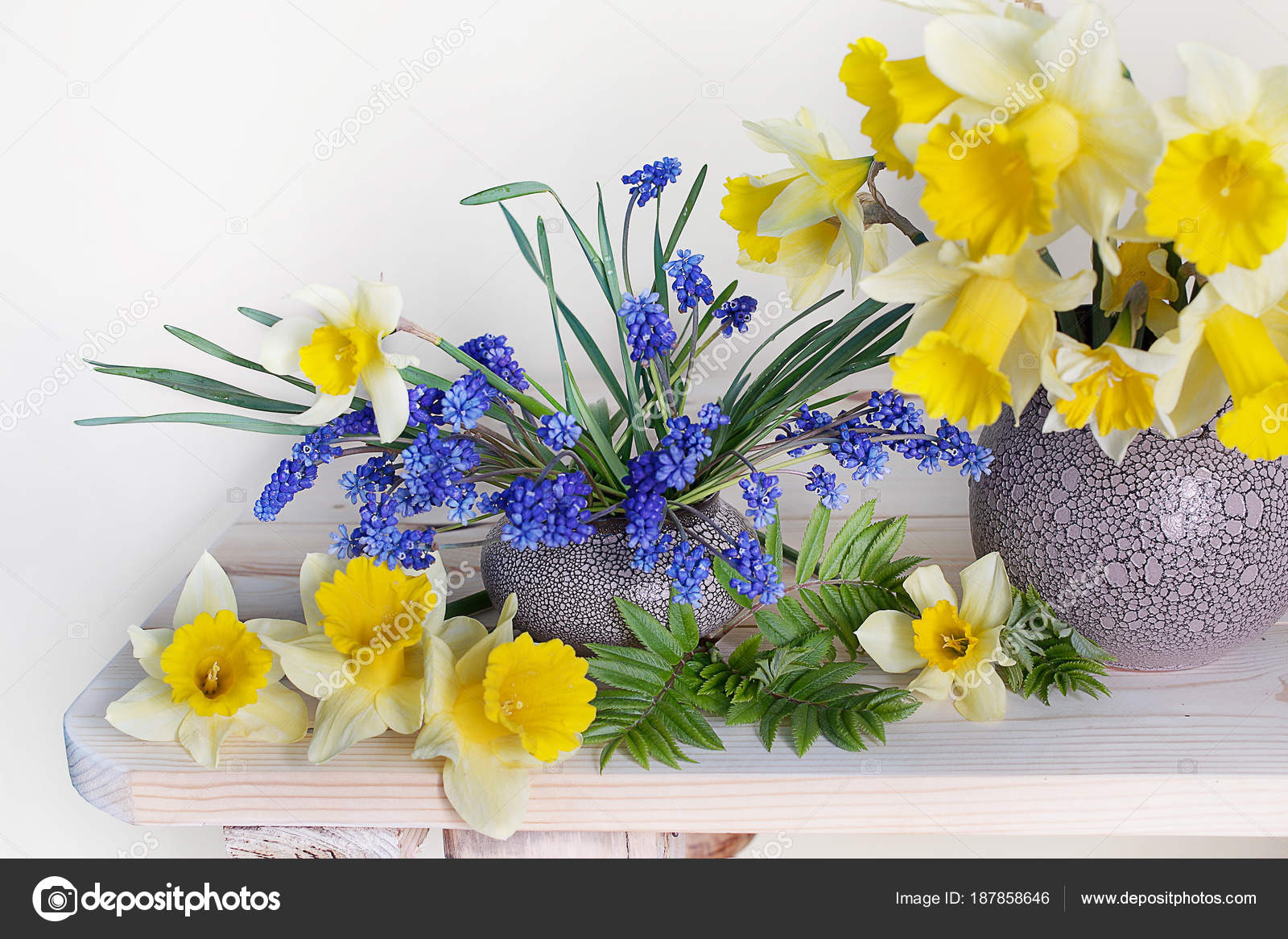 Bouquet Spring Flowers Daffodils Hyacinths White Background — Stock