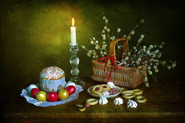 Lente Pasen Stilleven Feestelijke Tafeldecoratie Veelkleurige Eieren Willow Twijgen Pasen — Stockfoto