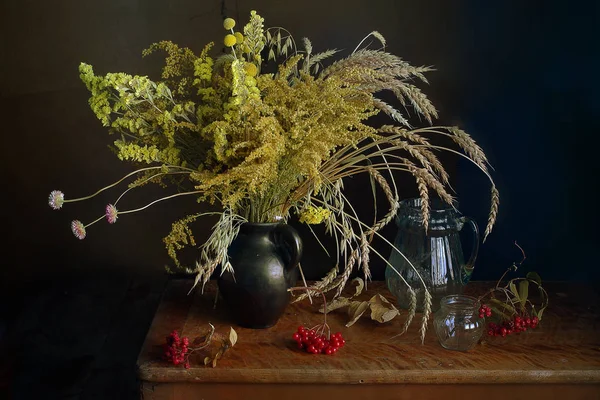 Still Life Bouquet Dried Flowers Dry Grain Crops Vase Table — Stock Photo, Image