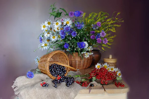 Buchet Flori Sălbatice Proaspete Într Coș Încă Viață Flori Vară — Fotografie, imagine de stoc