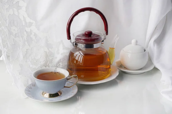 Чашка Чая Чай Конфеты Изолированные Белом Фоне — стоковое фото