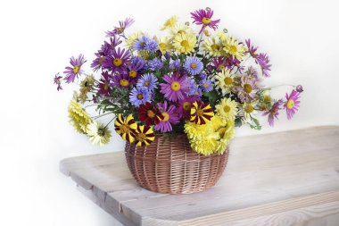 Beyaz bir arka planda izole edilmiş sepetin içindeki güzel çiçeklerle dolu bir hayat.