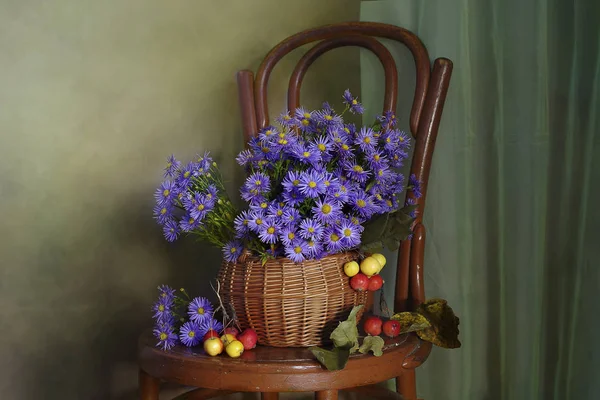 Fleurs Bleues Dans Panier Sur Une Chaise Viennoise Dans Chambre — Photo