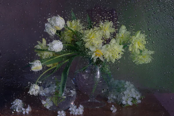Yağmurlu Camlarda Nergislerle Dolu Bir Hayat Islak Camda Vazoya Çiçekler — Stok fotoğraf