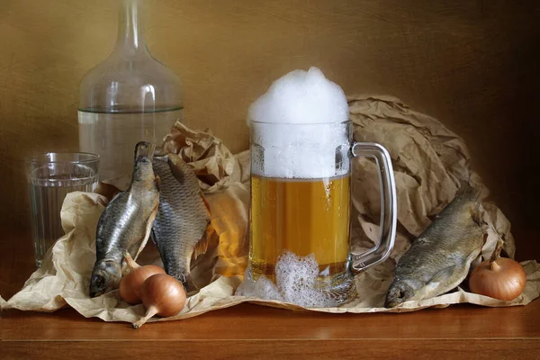 Still life with beer, wine, fish in vintage style .