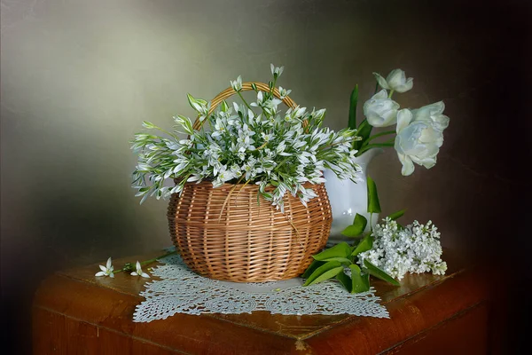 Still Life Bouquet White Lilacs Red Tulips Spring Still Life — Stock Photo, Image