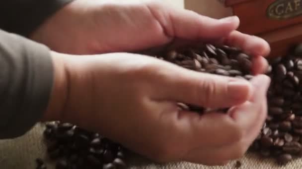 Femme met des grains de café dans un moulin à café antique. Mouvement lent — Video