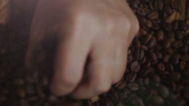 Vrouw opgepakt in de palm van een handvol koffie bens — Stockvideo