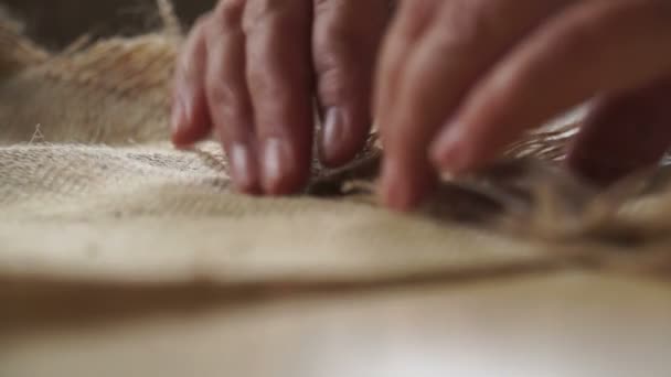 Тейлор викладає відрізаних шматків тканини — стокове відео