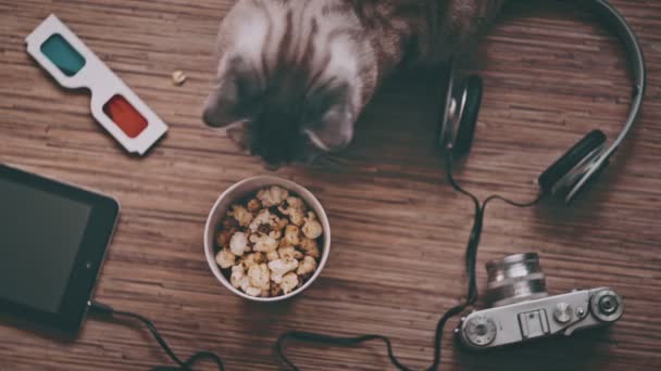 Ein Mann nimmt einen Pappbecher mit Popcorn, Draufsicht — Stockvideo