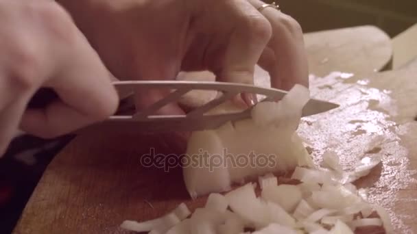 Making Italian pizza, a girl cuts onions — Stock Video