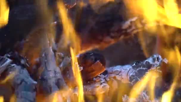 Close-up uitzicht op brandende kolen met vuur — Stockvideo