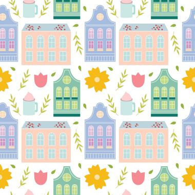Şirin renkli pastel bahar Amsterdam house seamless modeli.