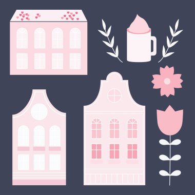 Şirin renkli pastel Amsterdam house seti.