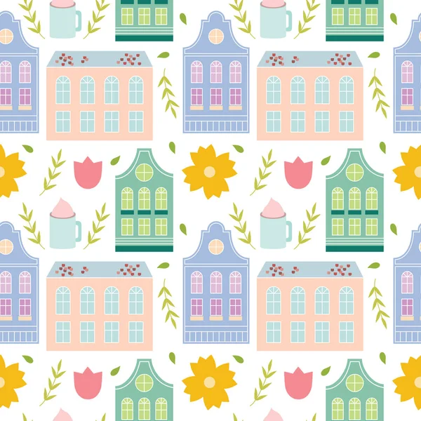 Cute colorful pastel spring Amsterdam house seamless pattern.