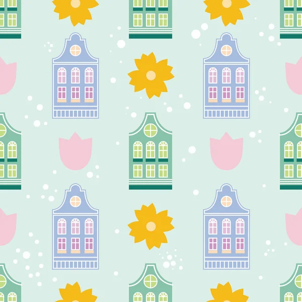 Cute colorful pastel spring Amsterdam house seamless pattern.