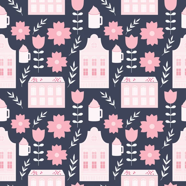 Cute colorful pastel spring Amsterdam house seamless pattern.