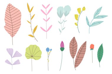 elle çizilmiş pastel doodle çiçekler ve bitkiler, girly boho tarzı, vektör, illüstrasyon topluluğu