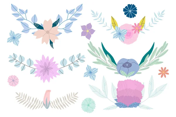 Colección Flores Plantas Garabatos Pastel Dibujados Mano Estilo Boho Femenino — Vector de stock