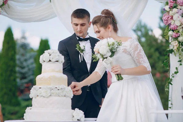 Пара з весільним тортом — стокове фото