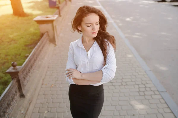 Zakenvrouw geniet gadgets — Stockfoto