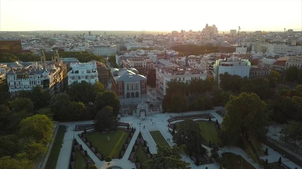 flight drones over the famous Park of the Retiro of Madrid and the Prado Museum