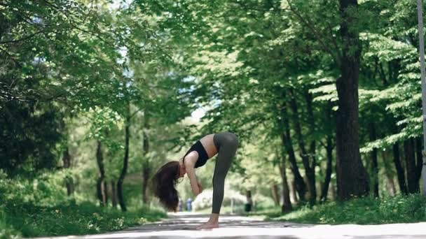 Flicka utövar yoga i parken — Stockvideo