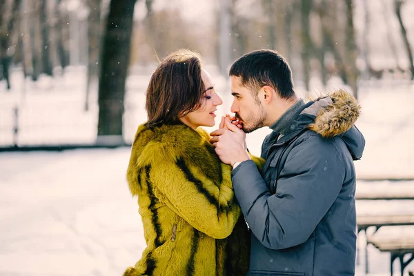 Pareja feliz caminando por el parque en un soleado día de invierno — Foto de Stock