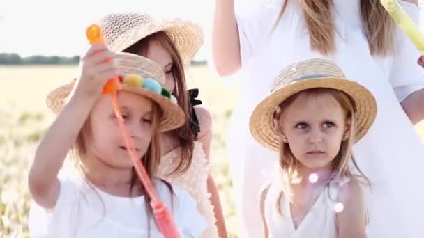 Close-up de meninas em chapéus com bolhas no campo de trigo — Vídeo de Stock