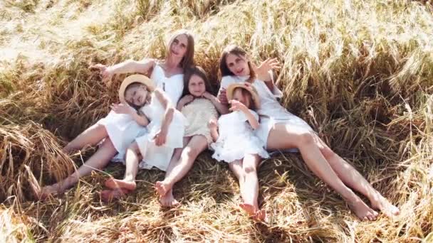 Три маленькие девочки в платьях лежат на пшеничном поле с матерями — стоковое видео
