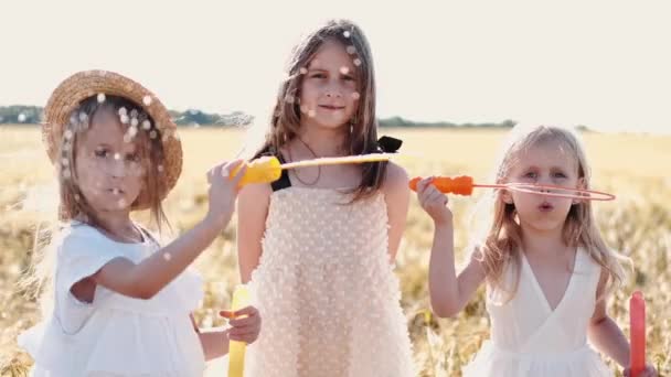 Bambine con i capelli biondi in abiti che soffiano le bollicine — Video Stock