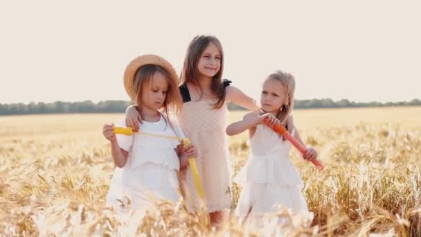 Девушка обнимает младших сестер на пшеничном поле — стоковое видео