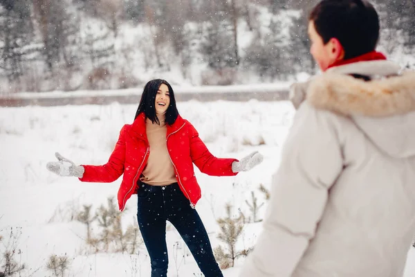 Casal amoroso andando em um parque de inverno — Fotografia de Stock