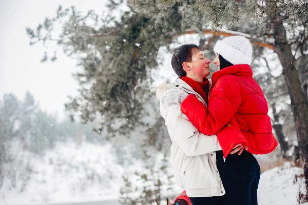 Casal amoroso andando em um parque de inverno — Fotografia de Stock